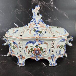 Hand Painted Ceramic Ceramiche Leonardo Italian Lidded Compote Bowl Floral NWT